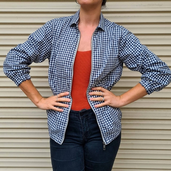 Navy blue & white gingham zip up with collar - Picture 7 of 10